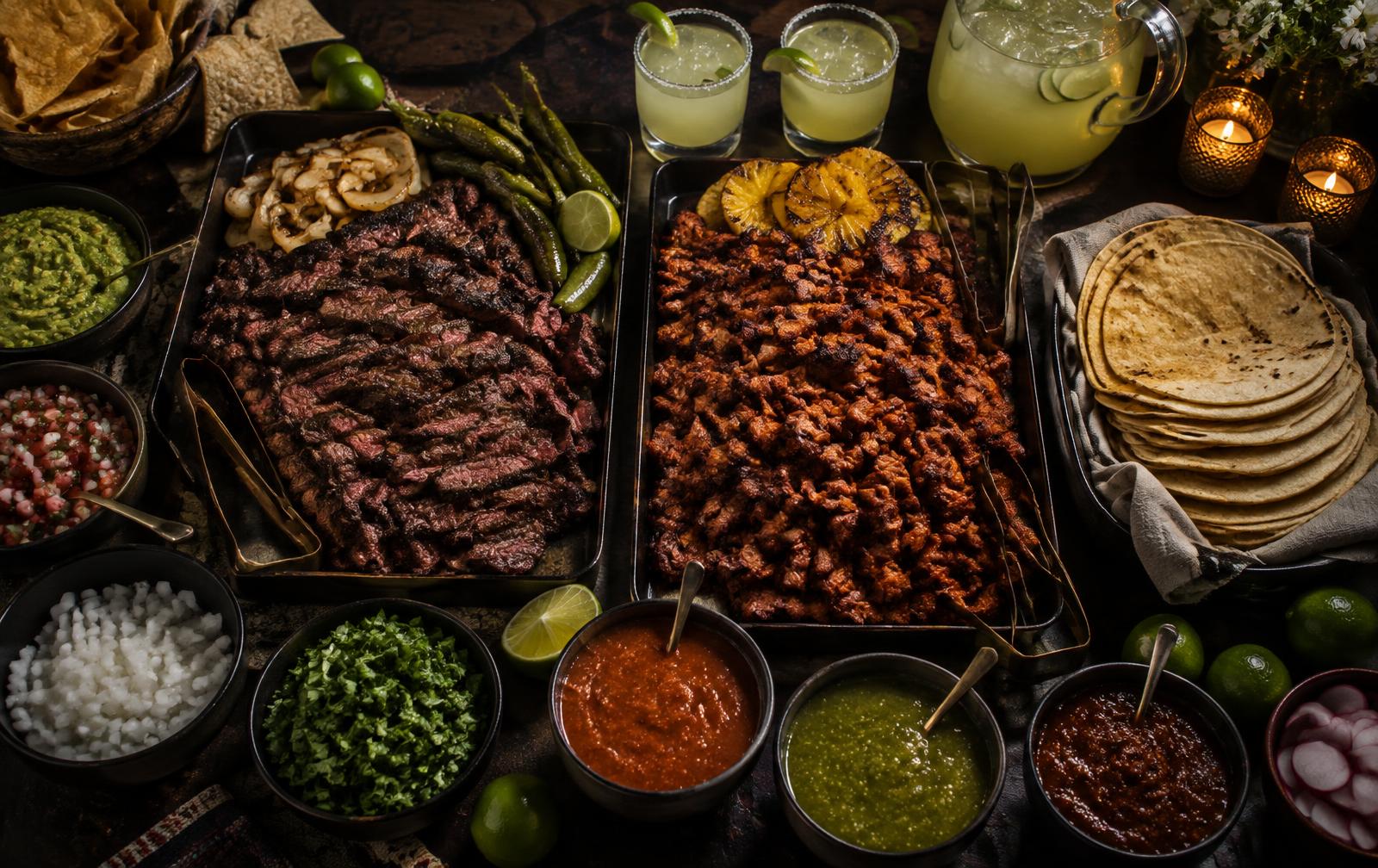 A catering spread of tacos and salsas laid out on a table