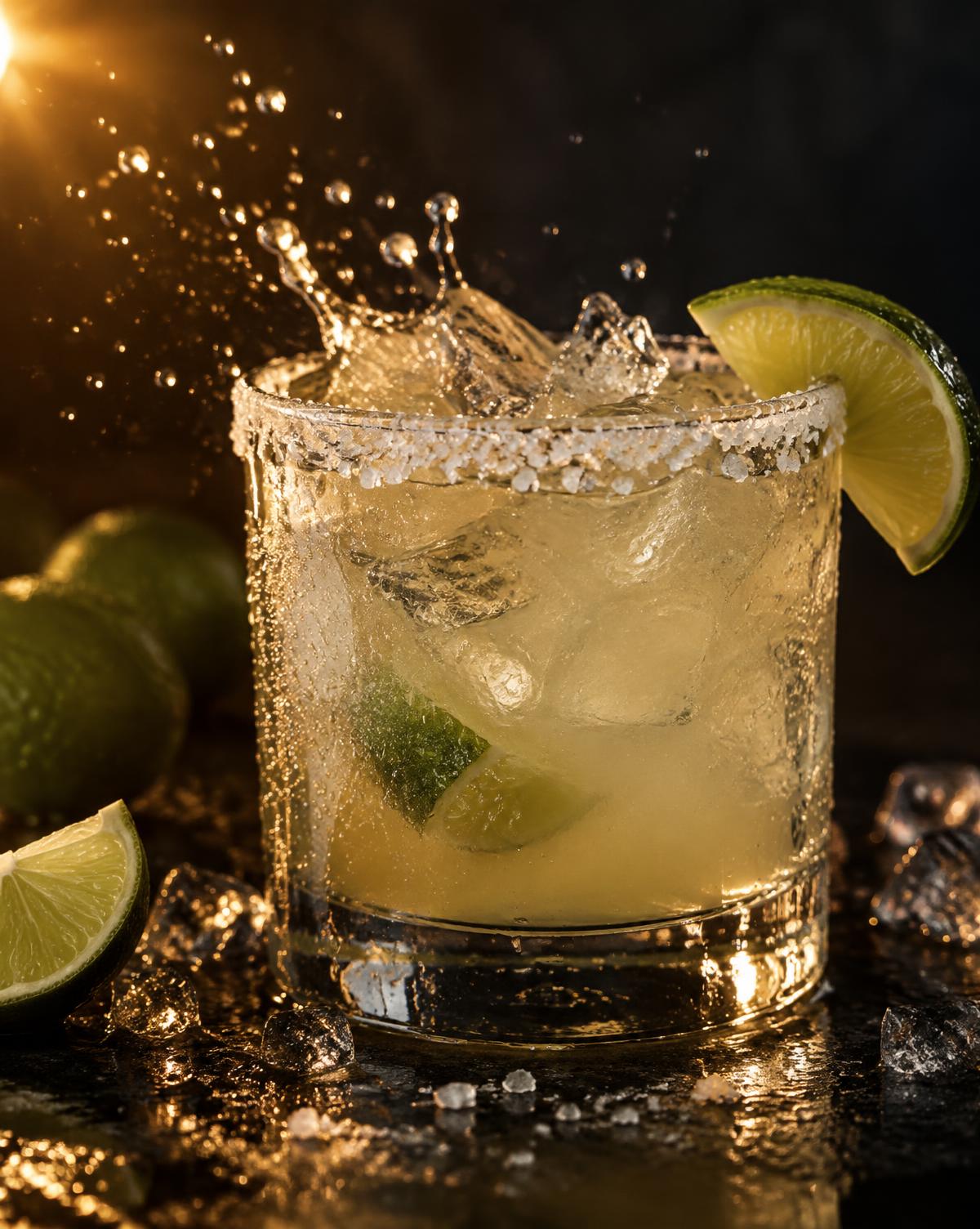 A salt-rimmed margarita on the bar
